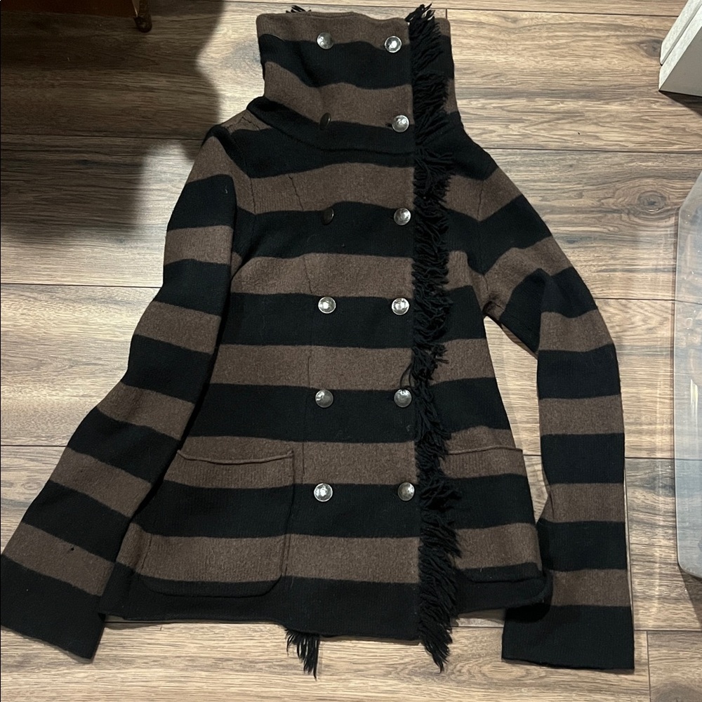 Free People Black Striped Double Breasted Button Front Fringe Lambswool Jacket